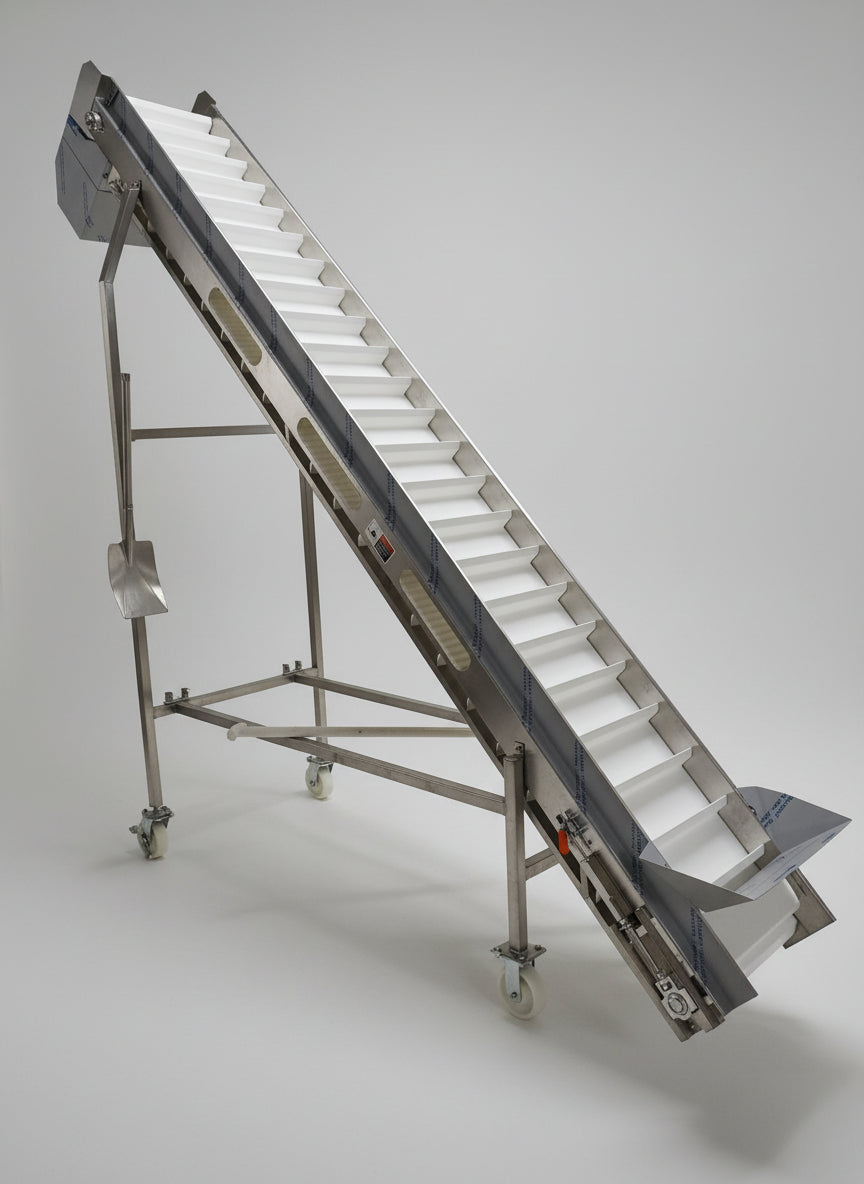 Customizable Stainless Steel Incline Conveyor with Cleated Belt – Mobile & Food-Grade
